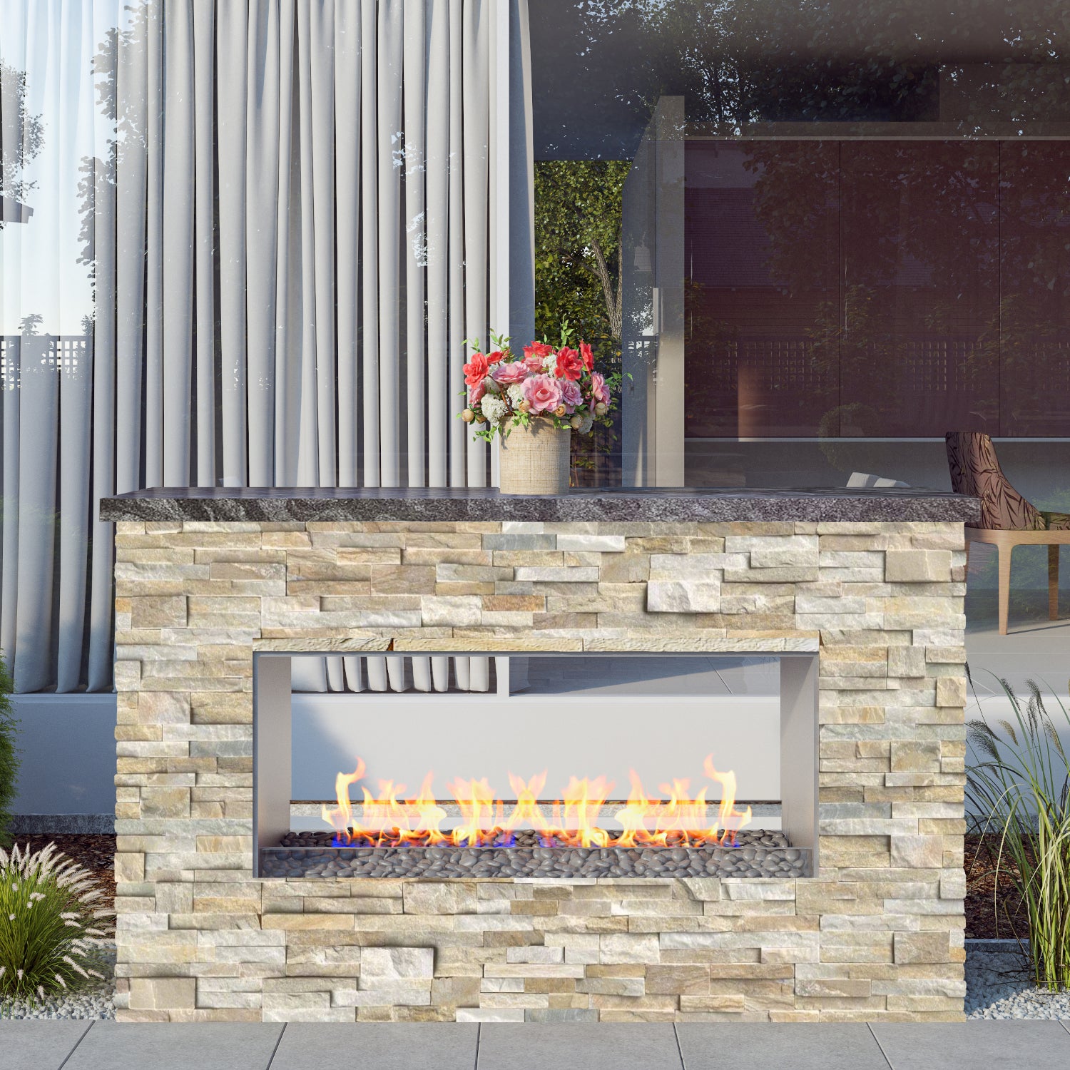 Luxury Linear Outdoor See Through Fireplace Fully Finished-BR-LF72-ST
