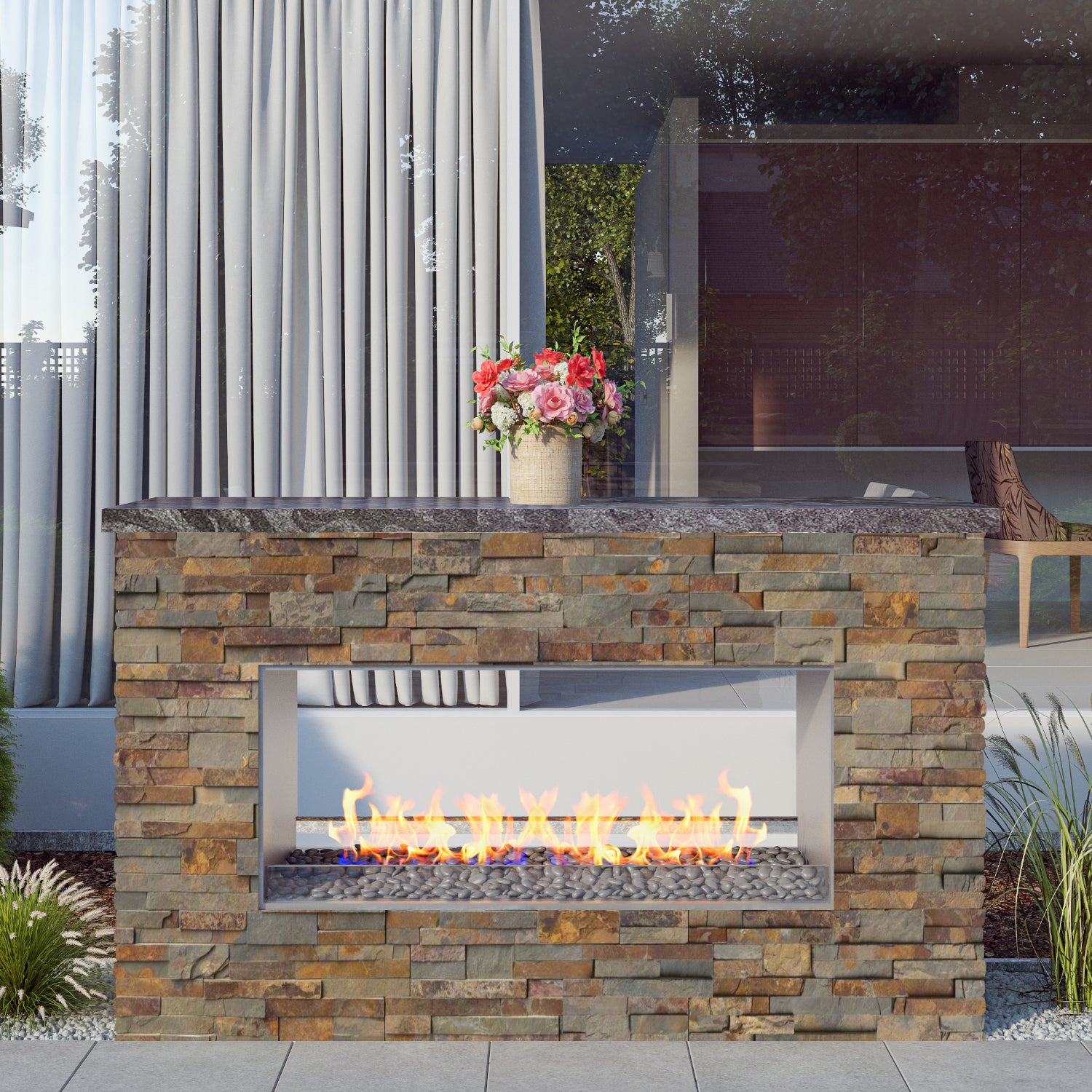 Luxury Linear Outdoor See Through Fireplace Fully Finished-BR-LF72-ST